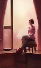 woman sitting on a window sill