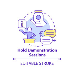 Hold demonstration sessions concept icon. Product feature and application training abstract idea thin line illustration. Isolated outline drawing. Editable stroke. Arial, Myriad Pro-Bold fonts used