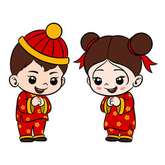 cartoon cute chinese boy girl wishing happy chinese new year. perfect for clip art, templates, cards, red packets. Lunar element