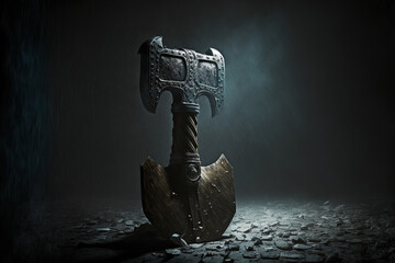 Fantasy game hatchet on the dark floor, metal knight hammer from the Middle Ages, no one. Generative AI