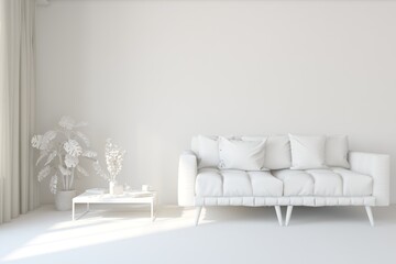White minimalist living room with sofa. Scandinavian interior design. 3D illustration