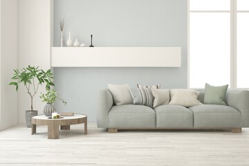 White living room with sofa. Scandinavian interior design. 3D illustration