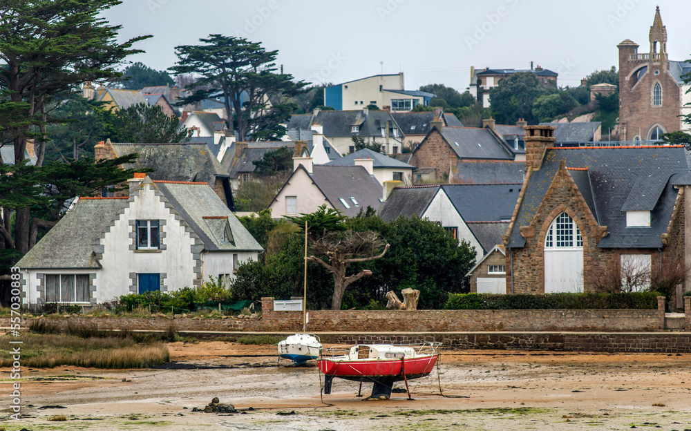 Canvas Prints bateau à marée basse et quartier résidentiel à trégastel, bretagne, france