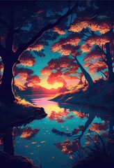 Fototapeta na wymiar Beautiful Anime Sunset Scenery Forest. AI generated art illustration.