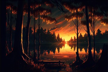 Beautiful Anime Sunset Scenery Forest. AI generated art illustration.