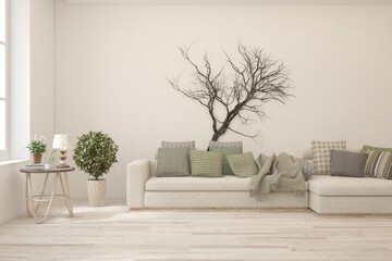 Modern living room in white color with sofa. Scandinavian interior design. 3D illustration
