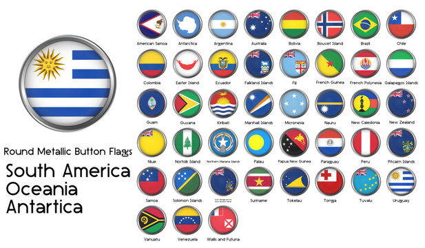 South american continent, oceania, and antarctica country flags with round metallic button. Vector illustrations.