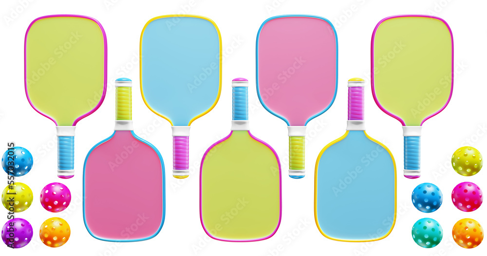 Wall mural multicolored paddle rackets for playing pickleball with balls on a transparent background. sport hob