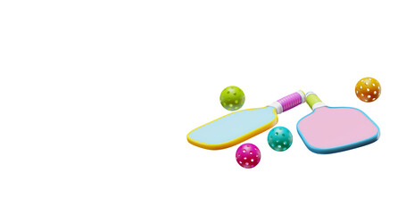 Two paddle rackets for playing pickleball with balls on a transparent background. Sport hobby 3D rendering