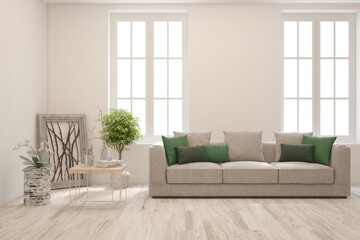 Fototapeta premium White living room with sofa. Scandinavian interior design. 3D illustration
