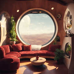 modern living room with a round window in the middle generated by AI