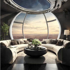 futuristic living room with windows on top and center, AI generated