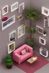 Tiny cute isometric living room in a cutaway box, AI generated