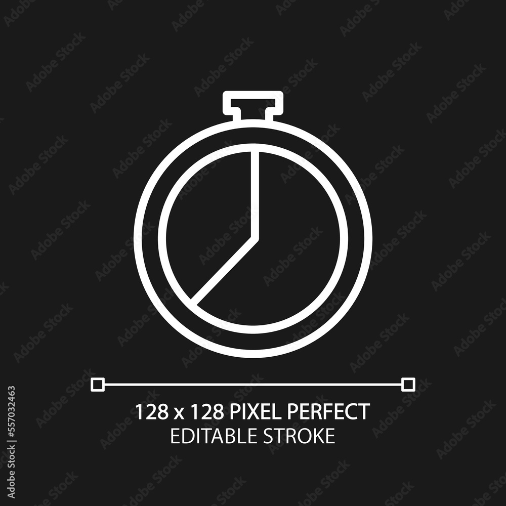 Poster Countdown timer pixel perfect white linear icon for dark theme. Keep tracking time. Stopwatch tool. Timing. Thin line illustration. Isolated symbol for night mode. Editable stroke. Arial font used