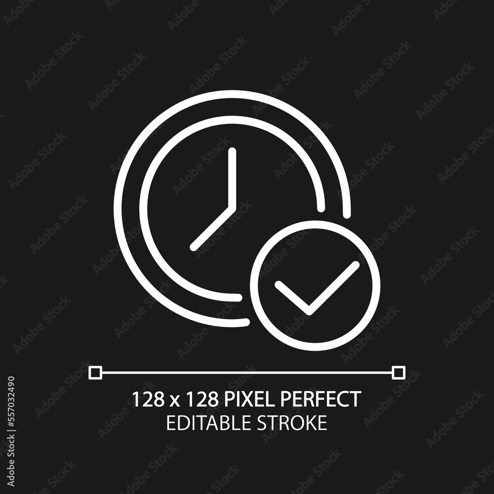 Poster clock with check mark pixel perfect white linear icon for dark theme. accept appointment time. watch