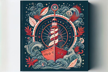 Sea-themed pattern anchor helm lighthouse. AI generated art illustration.	