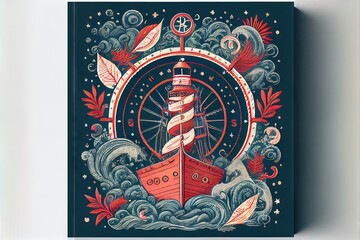 Sea-themed pattern anchor helm lighthouse. AI generated art illustration.	