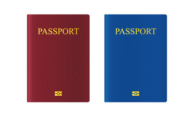 Passport red cover 3d mockup, realistic isolated id front page, blue world travel blank, citizen paper book pass, global identity card, Europe id