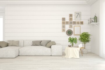 White living room with sofa. Scandinavian interior design. 3D illustration