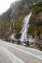 View at Horsetail Falls in Columbia River Gorge after winter snowfall.