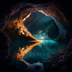 Mysterious cave at night. generative AI picture.