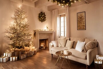 Cozy vintage Christmas holdiay decorated room with Christmas tree, fireplace, candles, toys, carpet and armchair.
