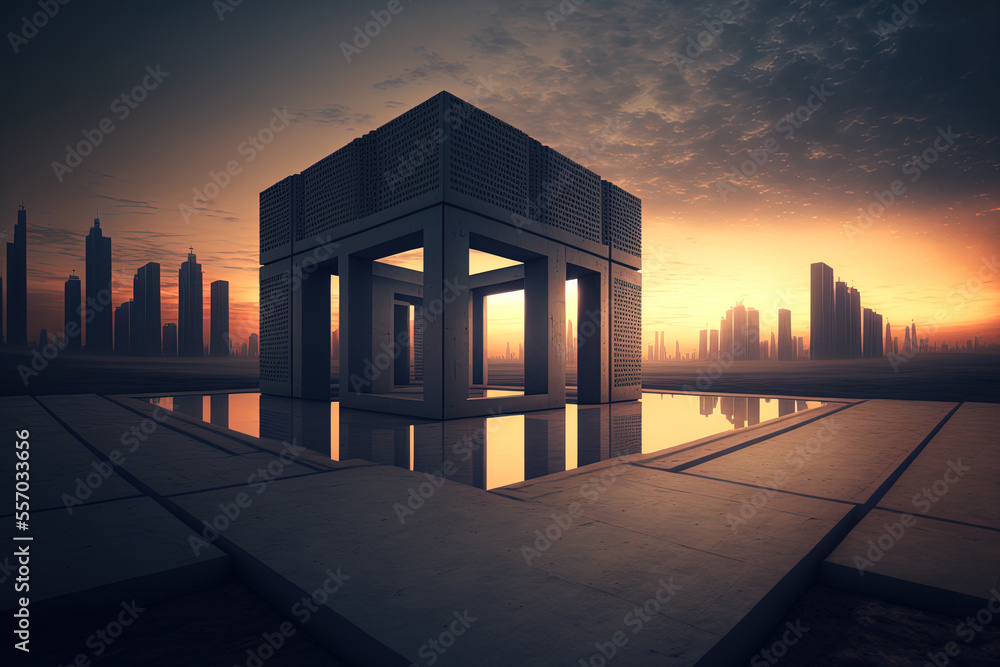 Poster structures with an empty square floor and a panoramic skyline at twilight. generative ai