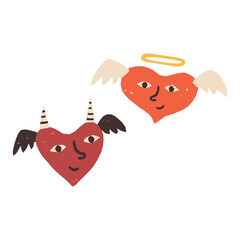 A cute couple of Heart characters - the devil with horns and the angel with wings and halo. Valentine's Day, love symbol