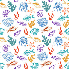 Hand drawn sketch sea fish background. Vector seamless doolle style pattern with fish and sea animals