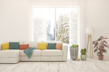 Modern living room in white color with sofa and winter landscape in window. Scandinavian interior design. 3D illustration