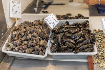 Main Food Market in Malaga Atarazanas Mercado. Close up of stalls full of healthy mediterranean Spanish traditional food. Fruits, vegetables, meat, seafood, etc                                        