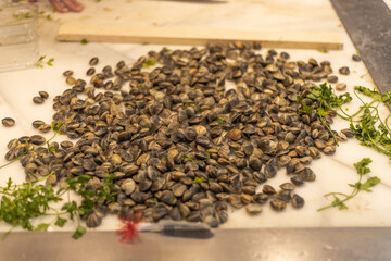 Main Food Market in Malaga Atarazanas Mercado. Close up of stalls full of healthy mediterranean Spanish traditional food. Fruits, vegetables, meat, seafood, etc                                        