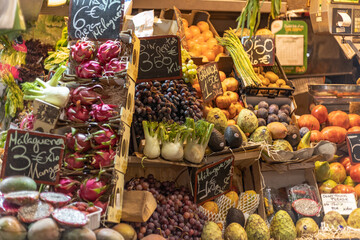 Main Food Market in Malaga Atarazanas Mercado. Close up of stalls full of healthy mediterranean Spanish traditional food. Fruits, vegetables, meat, seafood, etc                                        