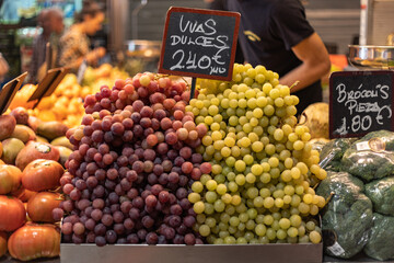 Main Food Market in Malaga Atarazanas Mercado. Close up of stalls full of healthy mediterranean Spanish traditional food. Fruits, vegetables, meat, seafood, etc                                        