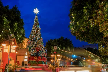 Foto op Plexiglas Illuminated Christmas tree and car lights in Limassol, Cyprus © Olga