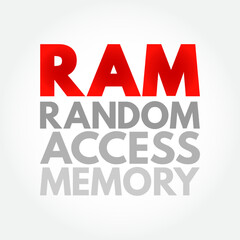 RAM Random Access Memory - form of computer memory that can be read and changed in any order, acronym text concept background