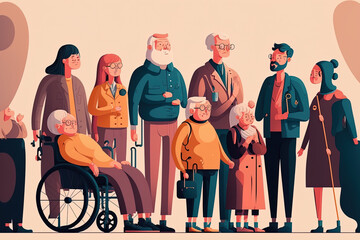 People of all ages standing and conversing together. characters using wheelchairs, crutches, and prosthetic limbs. those who live with disabilities. cartoon image that is flat. Generative AI