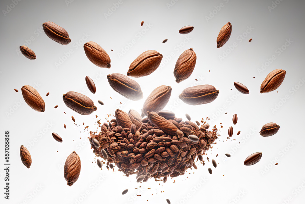 Poster flying cocoa beans in the sky. on a white background, cracked cocoa beans float in midair. picture w