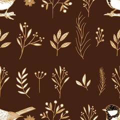 Seamless Christmas pattern with fir branches, flowers, birds. Drawn vintage winter titmouse. Vector illustration for wrapping paper design, background, textile, wallpaper, fabric, print.