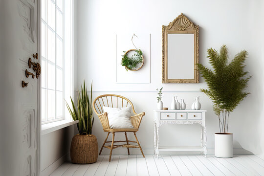 White room with natural wooden furniture, Scandi Boho background for mock up frame,. Generative AI