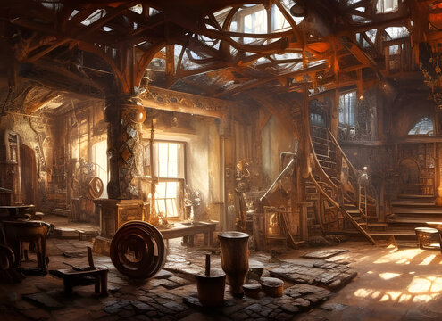 An old rustic Forge with crucibles and ironworking tools inside an ancient wooden building. generative ai illustration