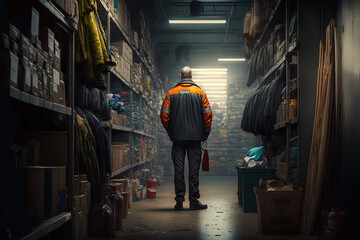 Fototapeta premium Standing in the storage area is a storehouse employee. Generative AI