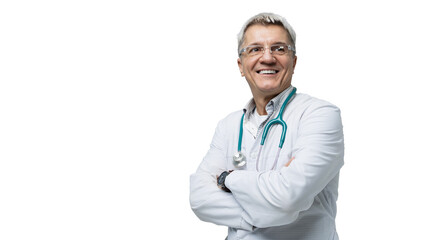 The doctor is an adult smart smiling in a bathrobe with glasses, isolated transparent background.