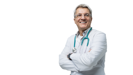 The doctor is an adult smart smiling in a bathrobe with glasses, isolated transparent background.