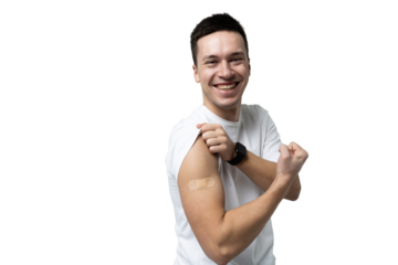 The patient is vaccinated in a shoulder patch after an injection from the virus, isolated transparent background.