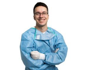 Doctor is a young student with glasses in a medical gown, isolated transparent background.