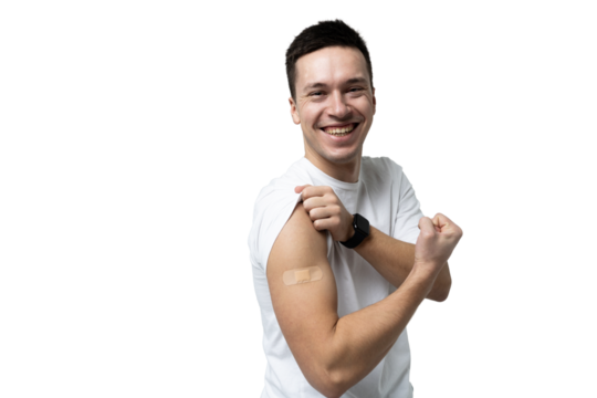 The patient is vaccinated in a shoulder patch after an injection from the virus, isolated transparent background.