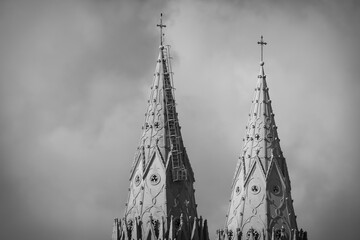 Steeples of historic St. Philomena's Cathedral in Mysore, India