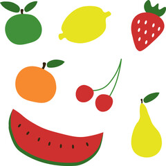 Fruits and berries, vector set. Apple and pear, cherry and strawberry, lemon and orange, watermelon. Hand drawn fruits.