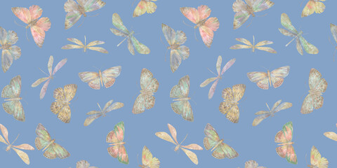 delicate watercolor butterflies and dragonflies painted in watercolor, seamless abstract pattern for design